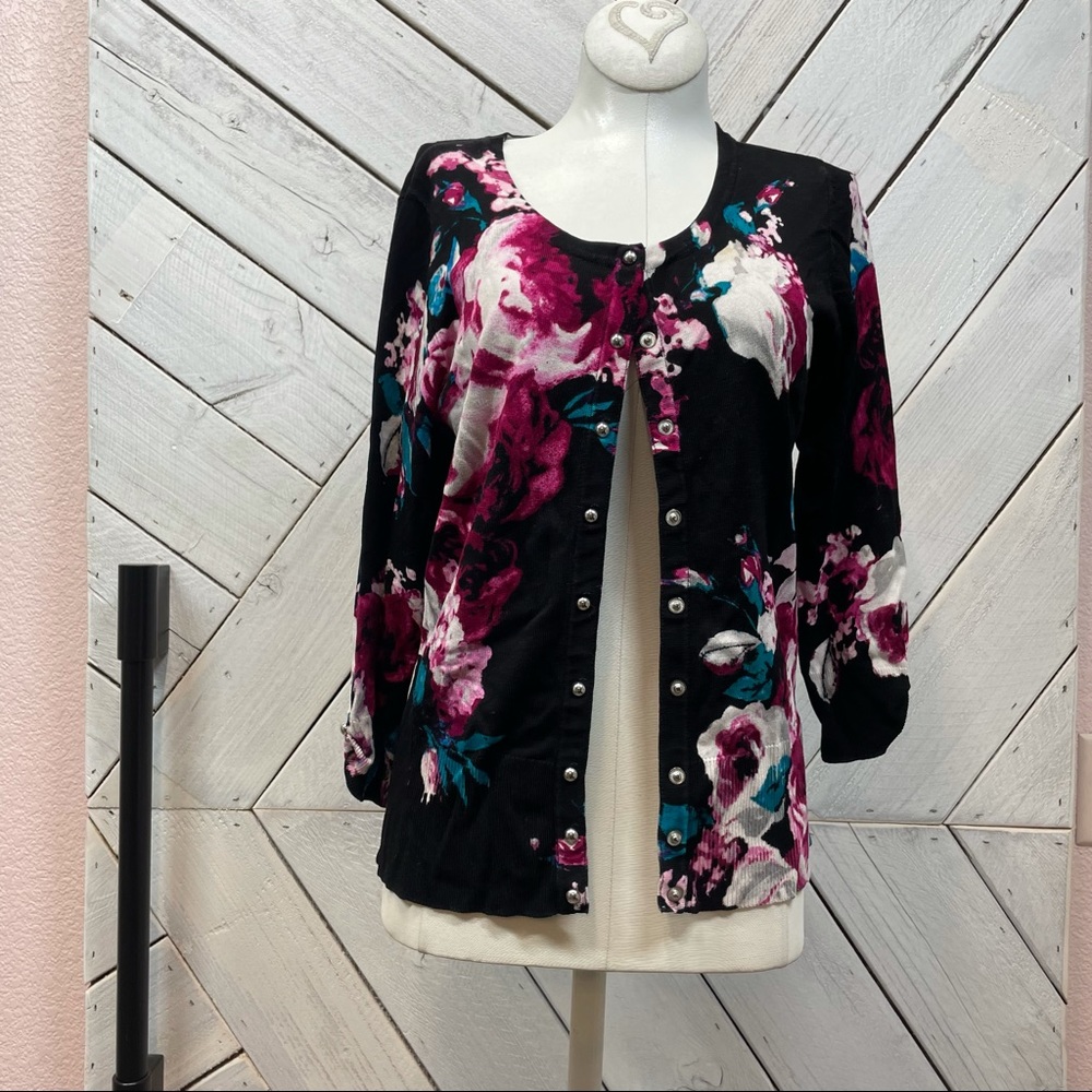 White House Black Market Black Floral Cardigan